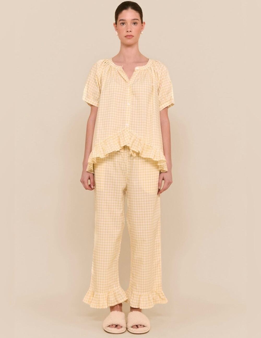 PIYAMA Sophie Yellow Gingham Cotton Ruffle Pant Sleep Set Size Large